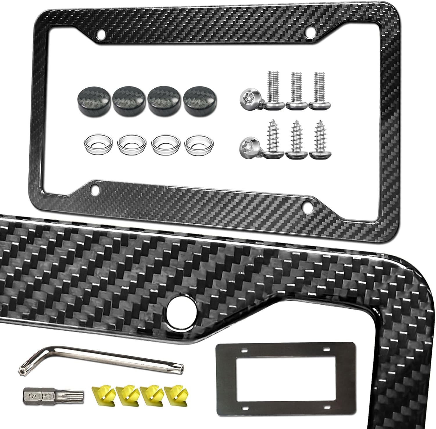 Carbon Fiber License Plate Frame - Handcrafted Real Carbon Fiber Wrap on Stainless Steel, Slim Black Car Tag Holder Includes Screws, Caps & Anti-Rattle Pad