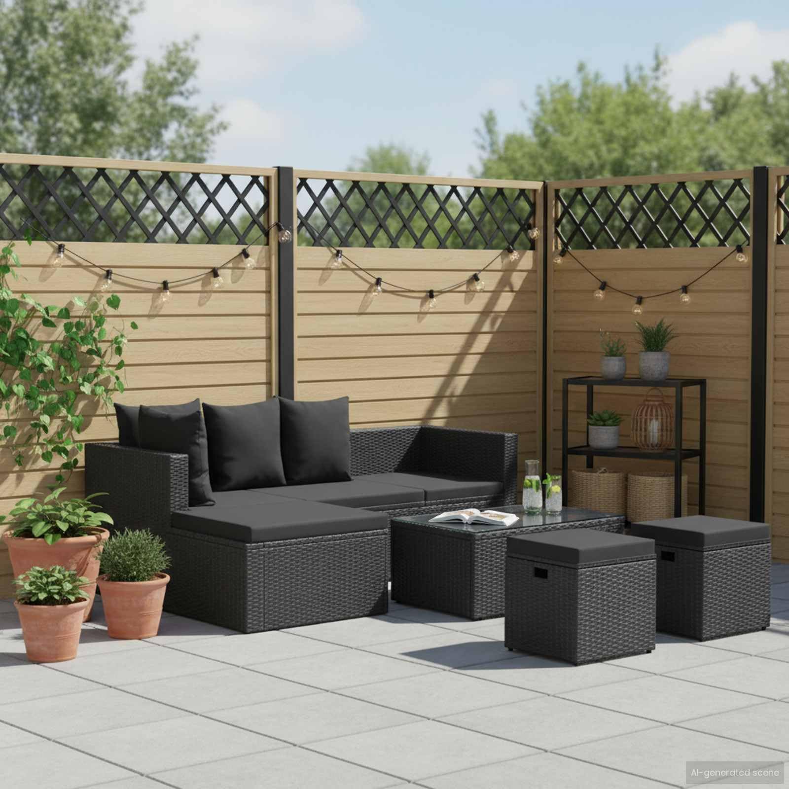 vidaXL Salon de Jardin 4 pcs avec Coussins Mobilier de Patio Meubles d'Extérieur Mobilier de Jardin Meubles de Terrasse Résine Tressée Noir
