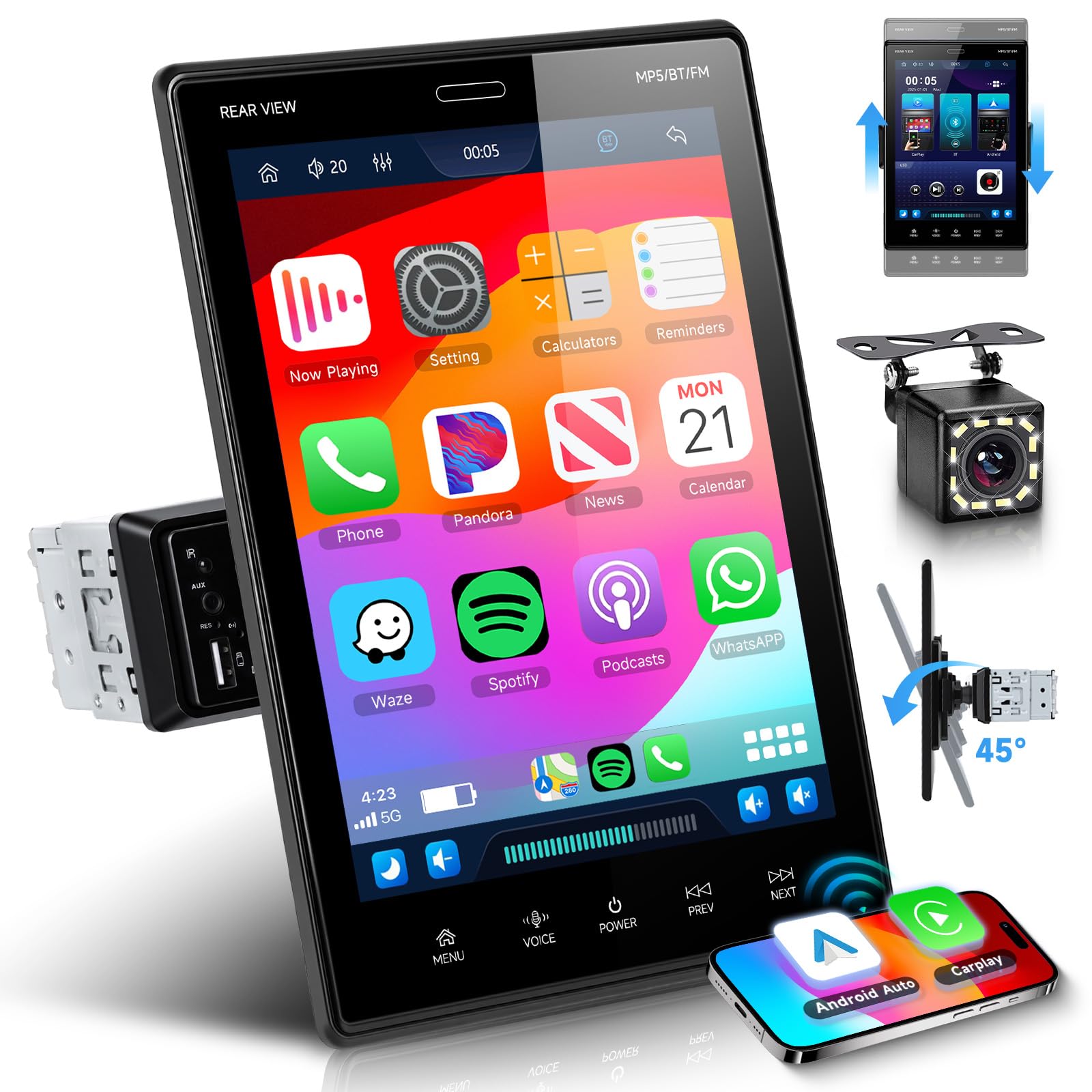 VECHTEL Radio samochodowe 1 DIN, 9,5 cala regulowany wyświetlacz dotykowy IPS, bezprzewodowy CarPlay Android Auto, Mirror Link, Bluetooth 5.2, radio FM/AM/RDS, EQ, sterowanie kierownicą, kamera