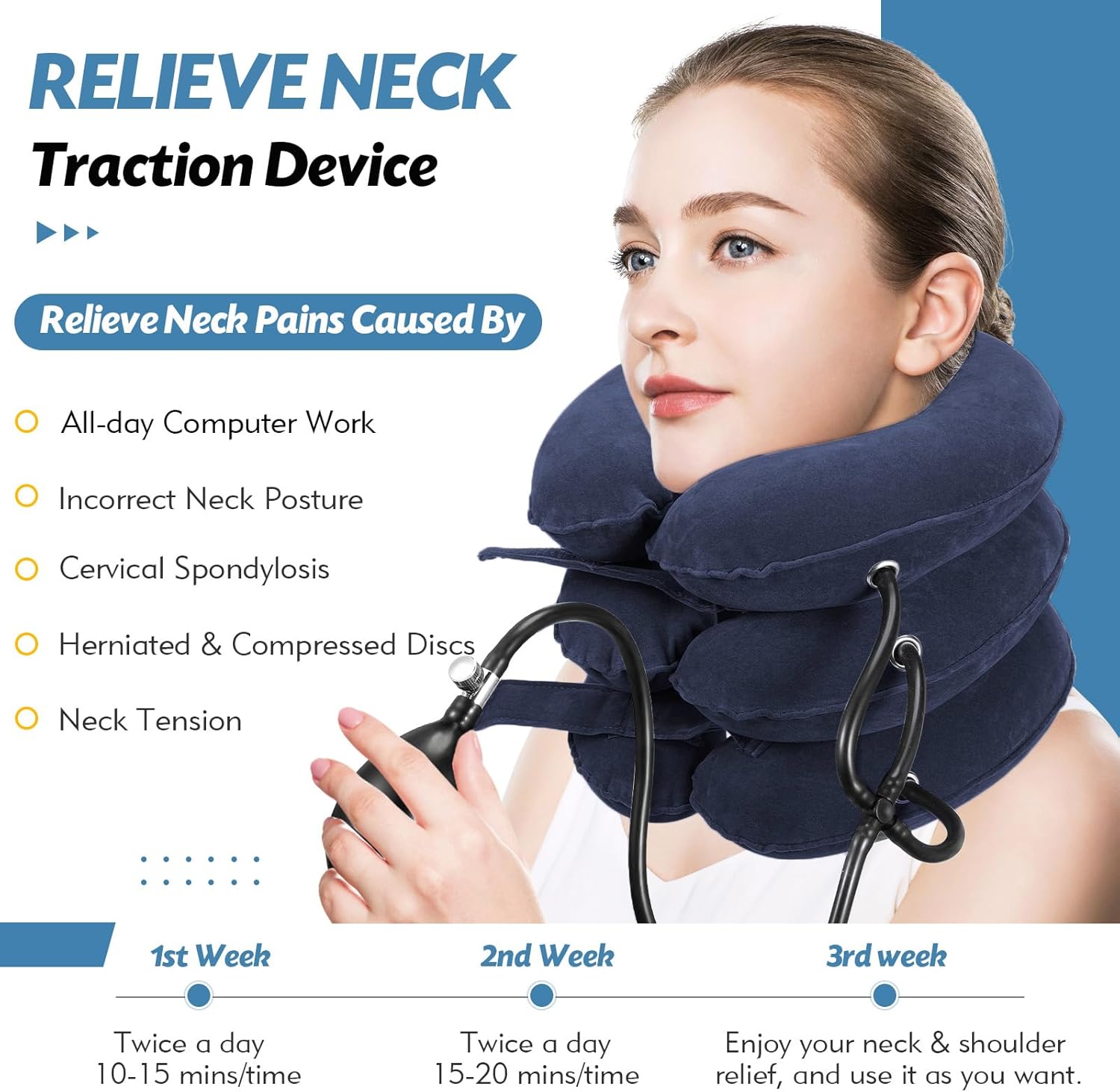 Jaximy Neck Stretcher, Neck Traction Device, Cervical Traction Device, Neck Pain Relief, Adjustable Inflatable Neck Brace & Neck Stretcher Cervical Traction, Neck Decompression Home Use (Light Blue)
