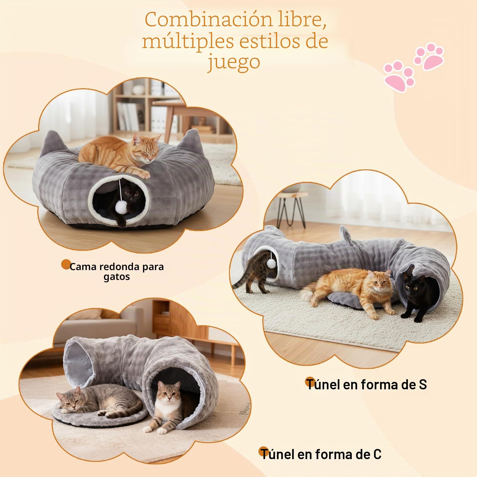Tunel para Gatos, Túnel de Juego y Cama Gato 2 en 1 con Juguetes Colgantes, Cat Tunnel con 2 Entradas, Cojín Circular Lavable, Túnel para Gatos Plegable para Gatitos/Cachorros/Conejos