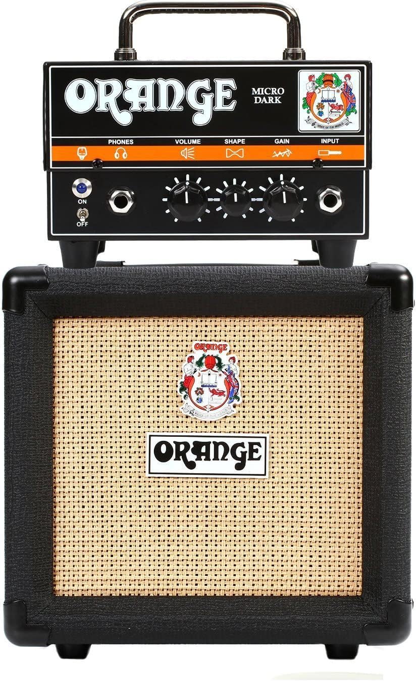 Orange Amp Micro Dark Terror MD20 Hybrid Amp Head Mini Stack Combo Bundle with PPC108 1x8 in Black Speaker Cabinet, Pig Hog Woven Guitar Cable 10ft, Speaker Cable and Liquid Audio Polishing Cloth