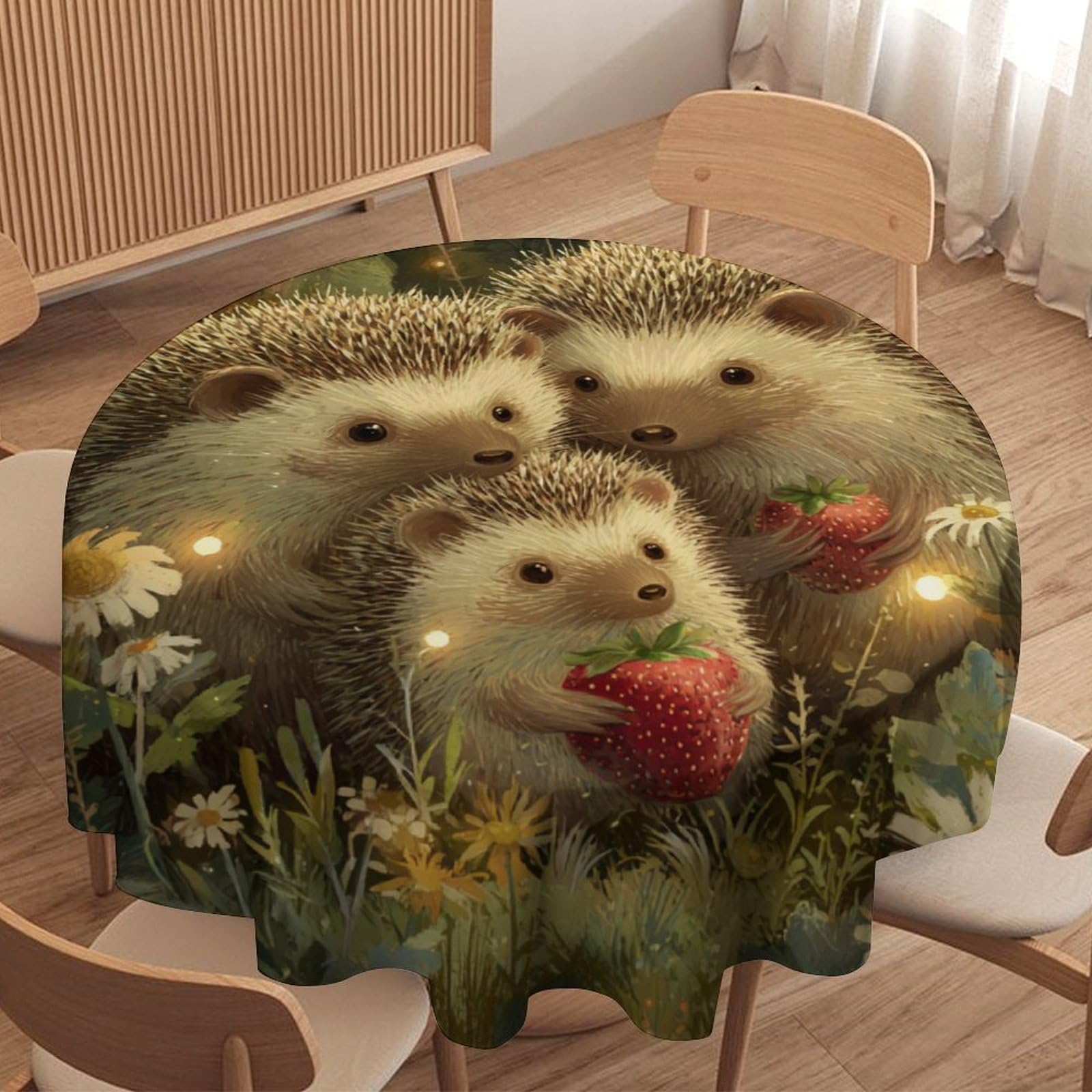 LUYYSKY Retro Classic Cute Hedgehog Waterproof Round Tablecloth Fantasy Funny Spring Forest Daisies Floral Animals Hedgehogs Pattern Washable Table Cover for Kitchen-177.8" Wx177.8 L cm