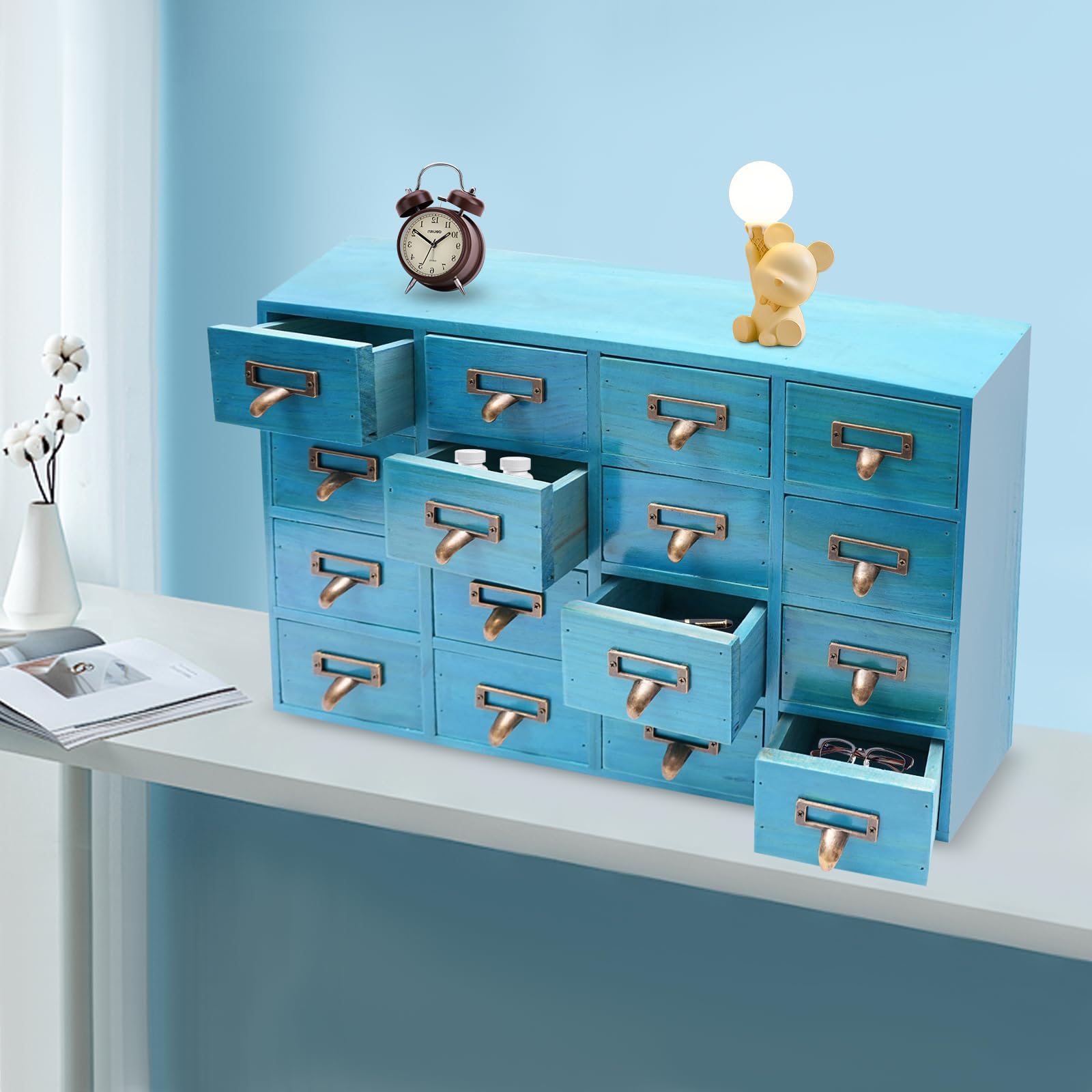 Vintage Apothekerschrank mit 16 Schubladen, Blauer Holz Schubladenschrank, Mini Kommode für Schreibtisch Organizer & Aufbewahrung von Schmuck, Medikamenten & Kleinigkeiten
