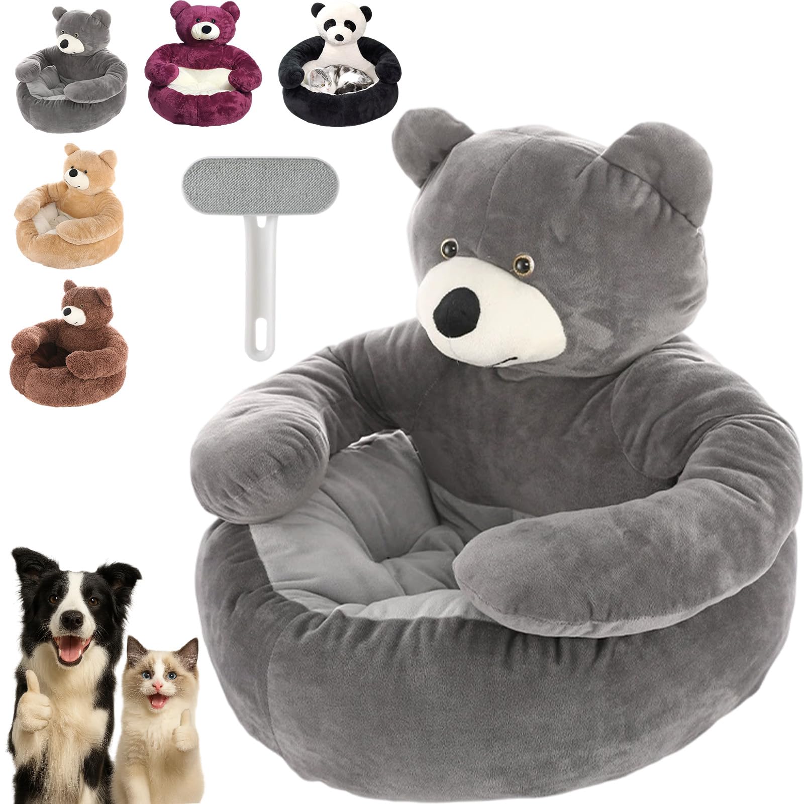 Teddy Bear Dog Bed, Washable Furry Teddy Bear Bed for Dogs with Arms, Cute Soft Warm Non-Slip Dog Couch Beds, Dogs Sofa Pet Beds for Small Medium Size Dog & Cat (Gray, L)