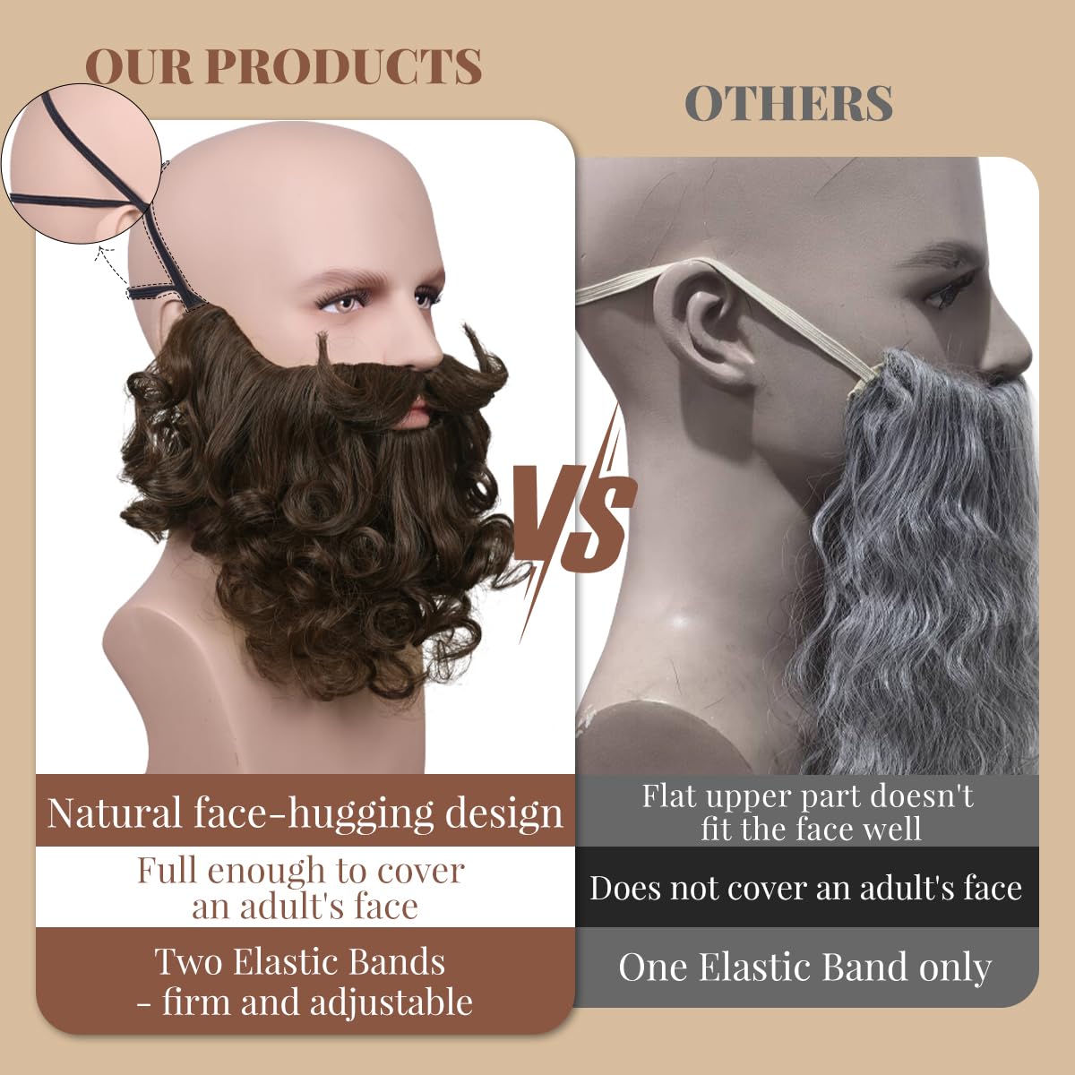 Honcloud Men's 8 Inches Curly Brown Realistic & Fluffy Fake Beard For Wizard Costume Party and Halloween(Brown)
