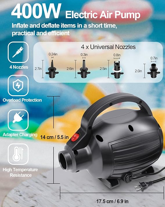 Electric Air Pump Inflatable Air Mattress Gymnastics Truck Mat Quick Fill Inflator/Deflator Pool Float Dock Craft 4 Nozzles 110-120V AC 400W