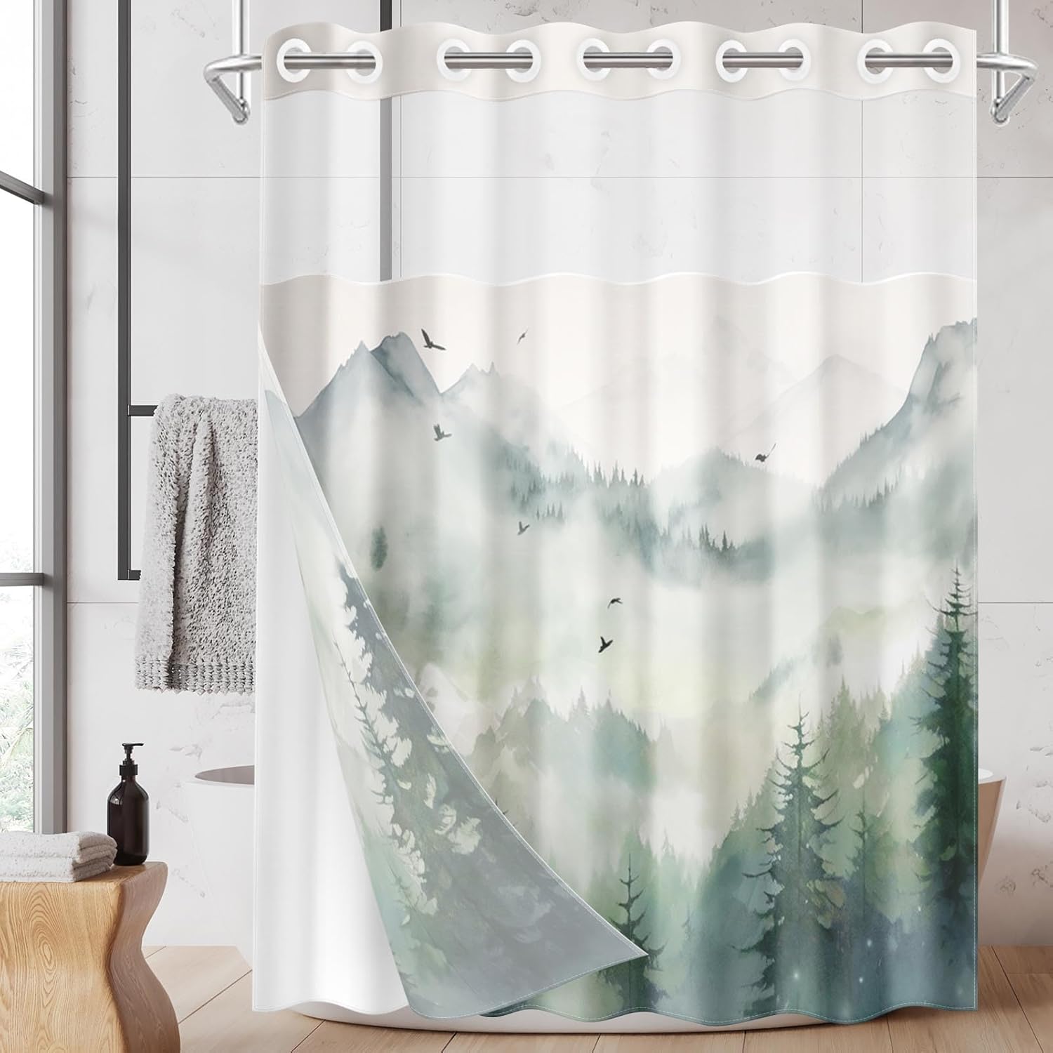 No Hook Landscape Forest Shower Curtain with Snap in Fabric Liner, Green Mountains Nature Double Layers Waterproof Fabric with See Through Top Window Open Grommet Bath Curtain 71x74 Inch