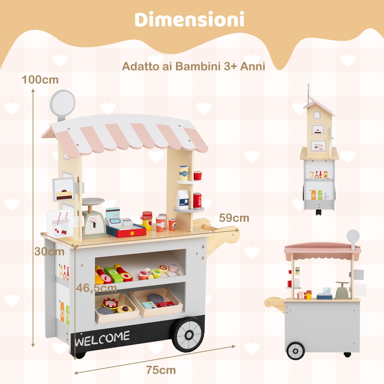 RELAX4LIFE Bancarella Giocattolo per Bambini, Gioco Negozio/Supermercato in Legno con Registratori di Cassa, Bancarella Mercato per Bambini 3+ Anni (GRIGIO)