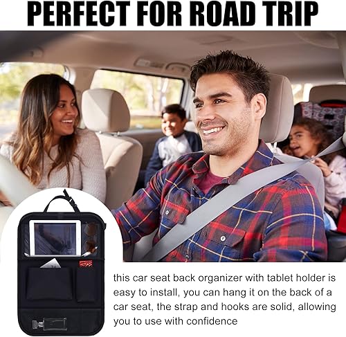 Vista 7 de 2 organizadores de automóvil para asiento trasero de automóvil con bandeja de mesa, 6 bolsillos de almacenamiento con soporte para tableta, Negro