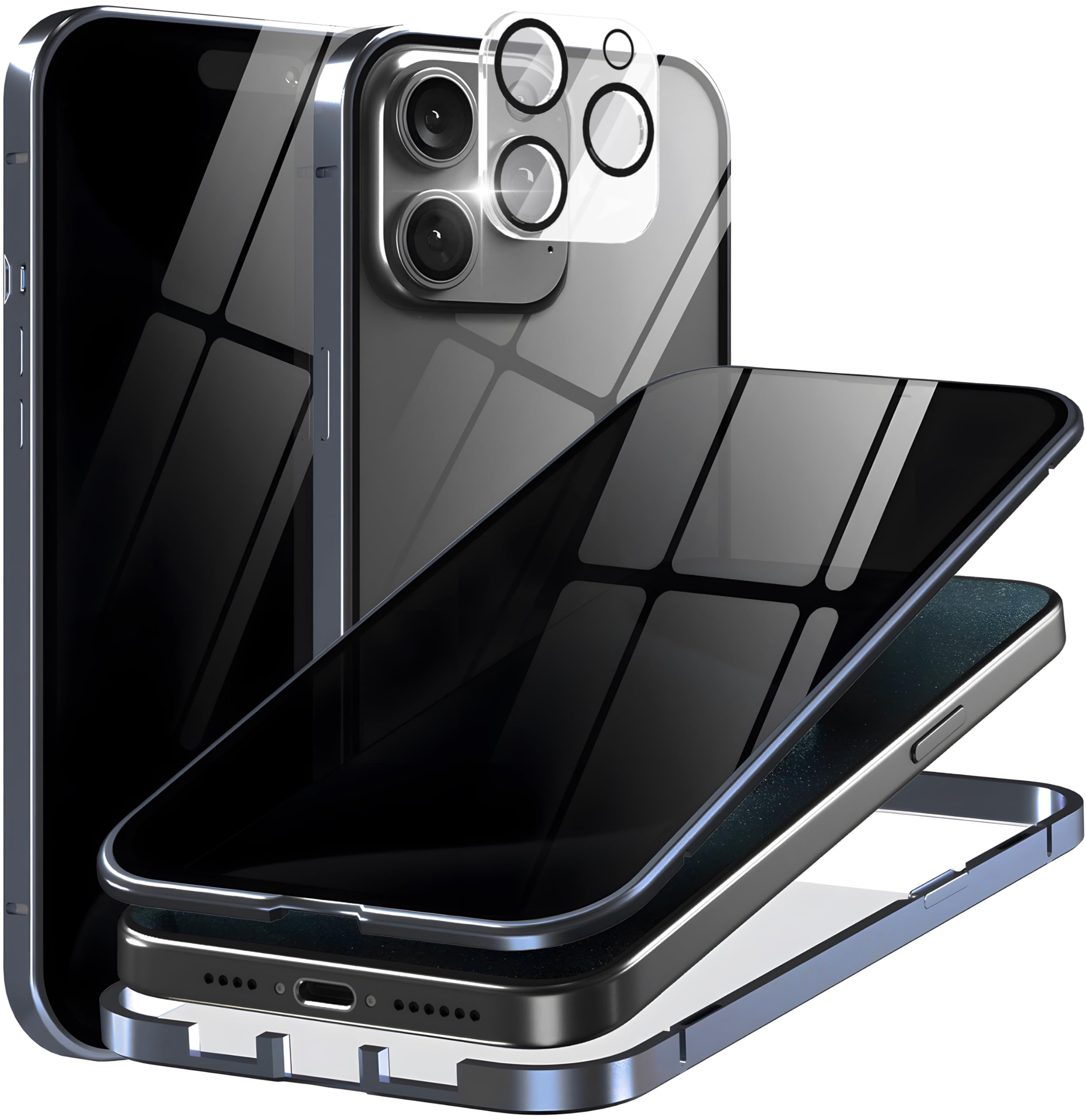 Eorkvr Magnetic Titanium Case for iPhone 15 with Privacy Screen Protector & Camera Lens Protector, Anti Peep Magnetic Adsorption Double Sided Tempered