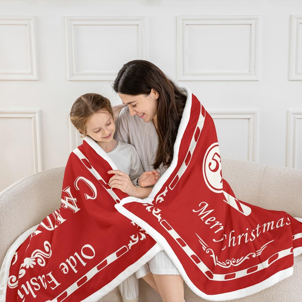 jejeloiu Christmas Fleece Throw Blanket for Bed Sofa Couch Christmas Quote Plush Blanket Throw 50"x60" Candy Canes Print Sherpa Blanket Bedroom Decor Xmas Red