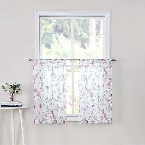 Miniatura 1 de Tollpiz - Cortina floral transparente, con diseño de mariposas y flores para dormitorio, cortina para ventana de lino sintético con barra para