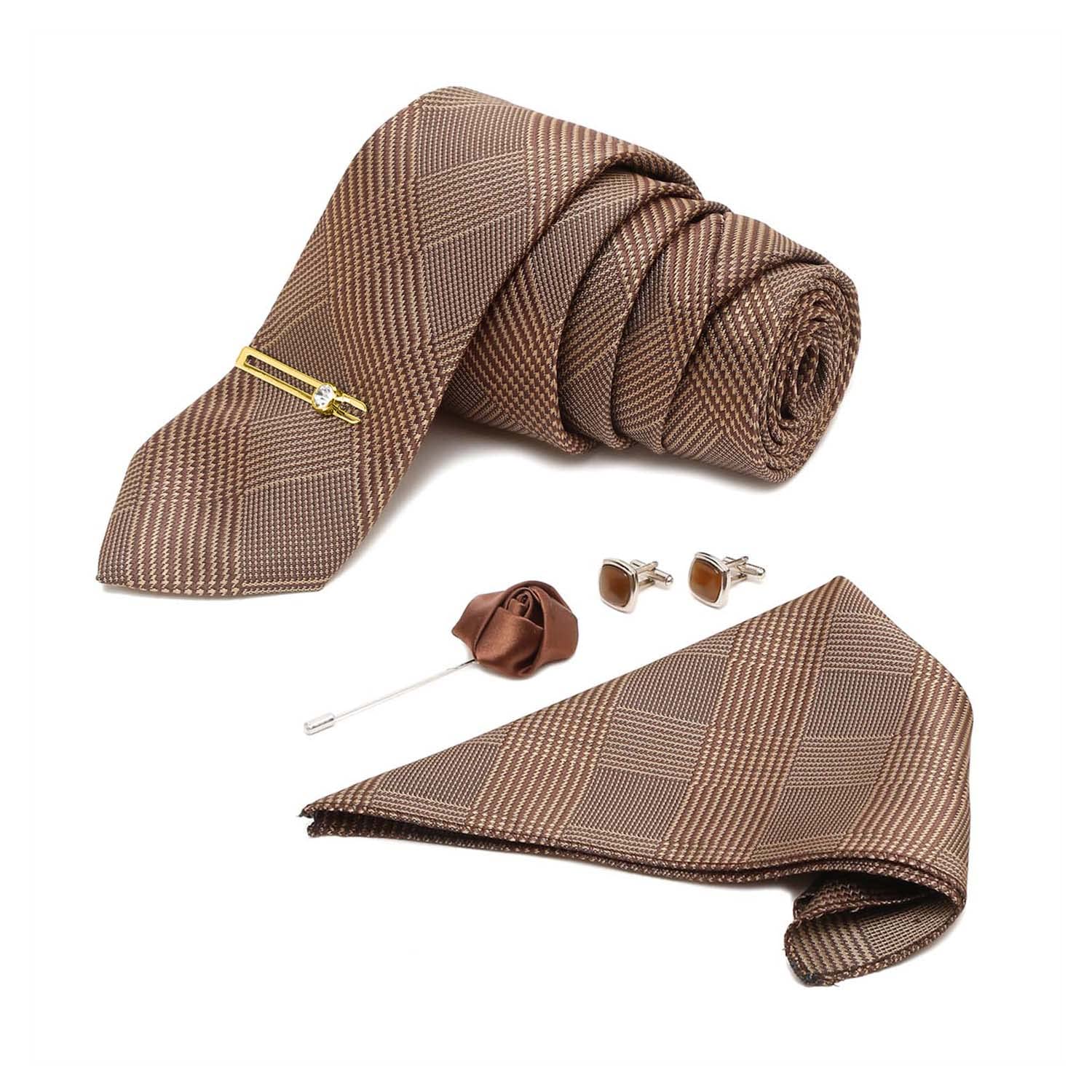 louis stitch Mens Maple Brown Italian Silk Necktie Set Incl Pocket Square Cufflinks Golden Tiepin Brooch American Style Formal Tie Gift Set for Men (BR07GP)-picture-44