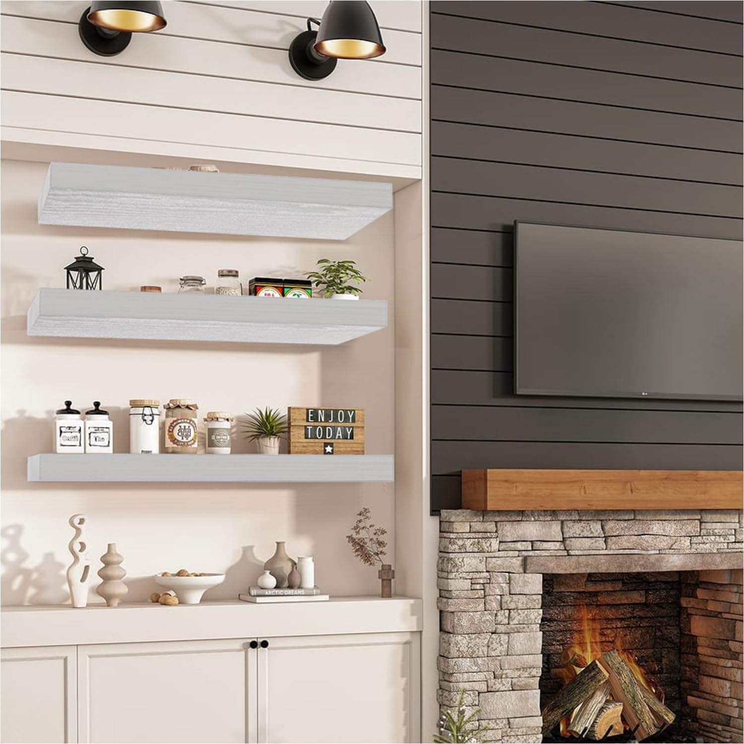 AT-VALY Floating Shelf 15.6 Inch,White Wall Shelf Set of 3,MDF Shelves for Bathroom, Bedroom, Living Room, Kitchen Wall Decor & Organization 22 lbs Capacity