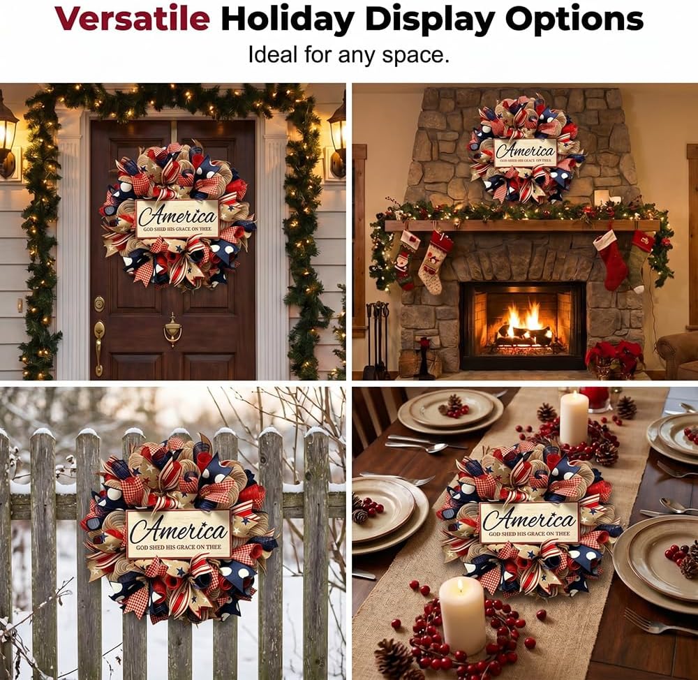 250th Anniversary Patriotic Wreath, 4th of July Wreath for Front Door, 2026 New Personalized Patriotic Memorial Wreaths, Independence Day Wall Sign Outdoor Holiday Decoration (C)