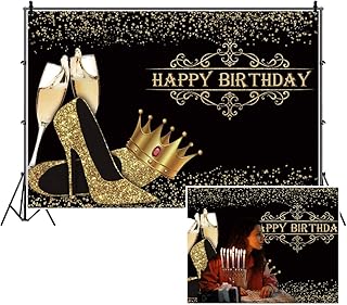 Black Gold Glitter Happy Birthday Backdrop,Yeele 9x6ft Golden Sequin High Heels Champagne Crown Birthday Photography Background for Women Girl,Party Cake Table Decoration Banner Photo Photoshoot Booth