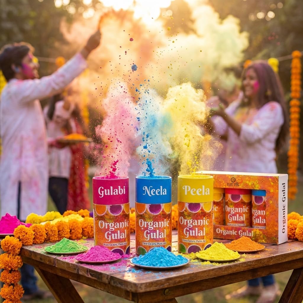 SATVIK Cylinder Box Color Powder – Pack of 3×140g each, Organic Herbal Gulal, Skin Friendly & Washable, Non-Toxic Eco-Friendly Dry Colors for Holi Festival, Fun Run, Color Play, Parties, Gender Reveal