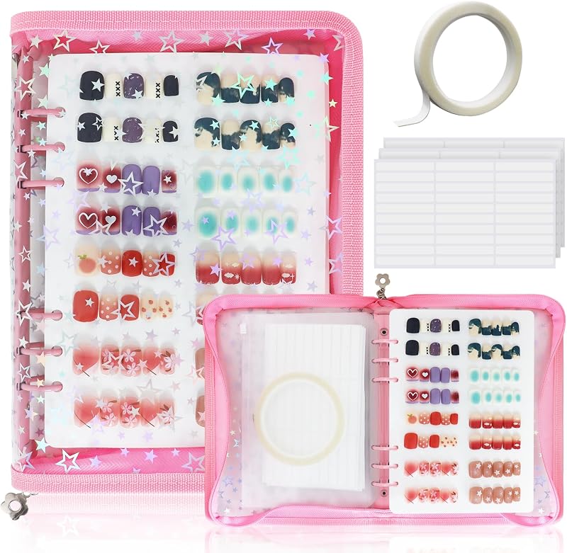 Maleta organizadora DHATMYC A5 para unhas postiças, com zíper, 8 páginas e fitas, rosa