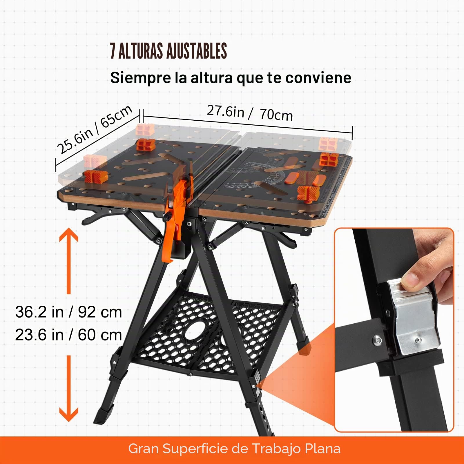 VEVOR Mesa de Trabajo Plegable 2 en 1 Apto como Soporte de Sierra Carga 454 kg Alturas Ajustables Patas de Acero Soporte de Herramientas Abrazadera Rápida 4 Abrazaderas 2 Ganchos para Taller de Garaje