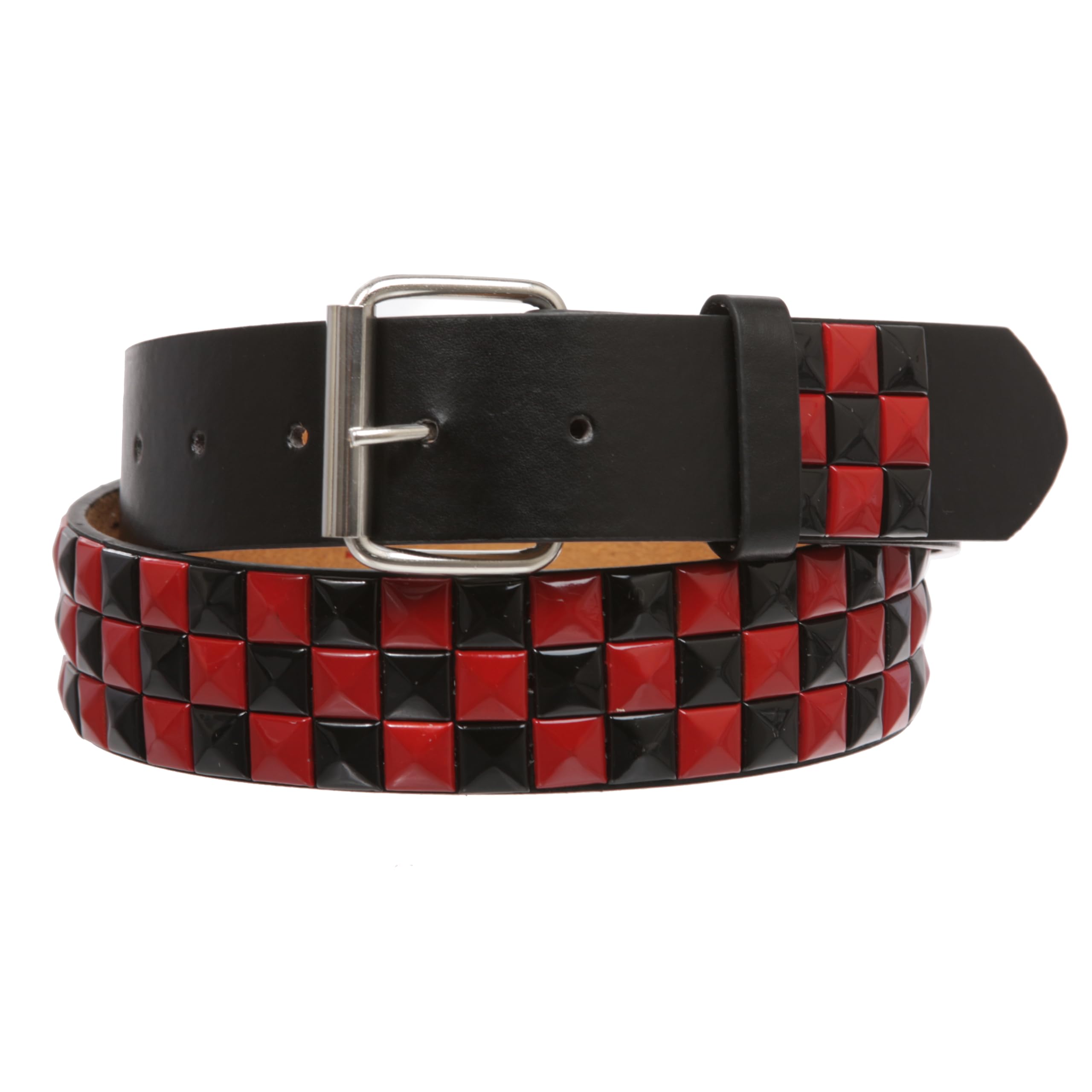 Snap On Punk Rock Star Pyramid Studded Checker Board Leather Belt, Red | m 34