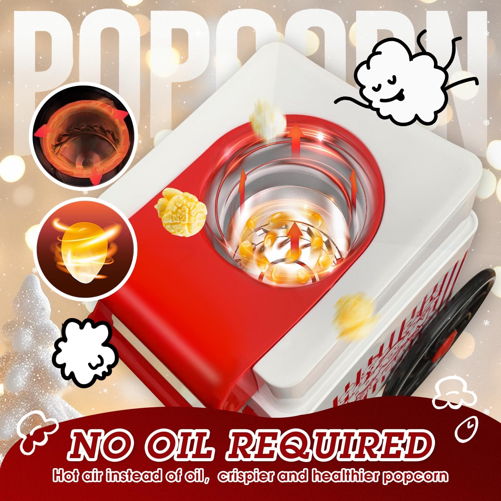 Macchina per popcorn, kit per popcorn ad aria calda, scatola regalo, macchina portatile per popcorn casalinga, 10 tazze, senza olio, stile retrò, compatta e carina