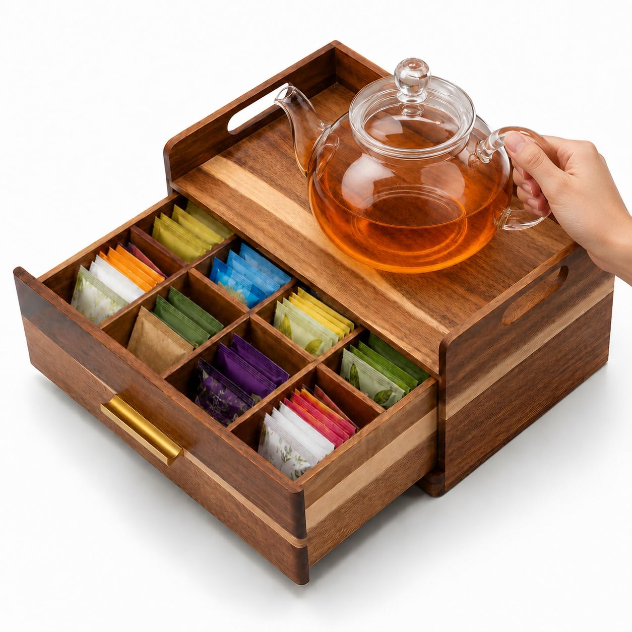 Photo 1 of Acacia Wood Tea Bag Organizer for Countertop, Tea Holder Organizer with Storage Drawer