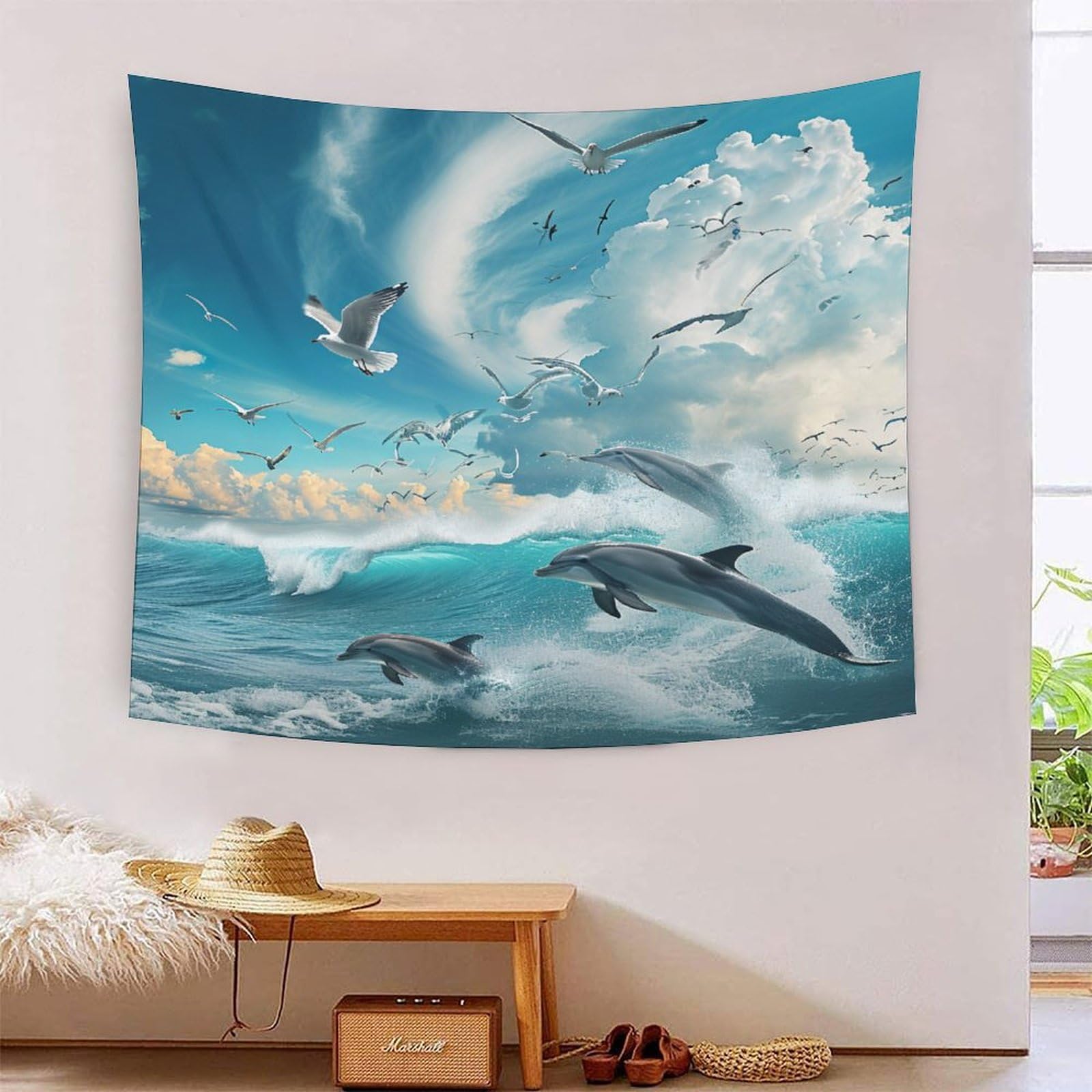 Couverture murale 3D mouettes et vagues en polyester doux pour salon - 7