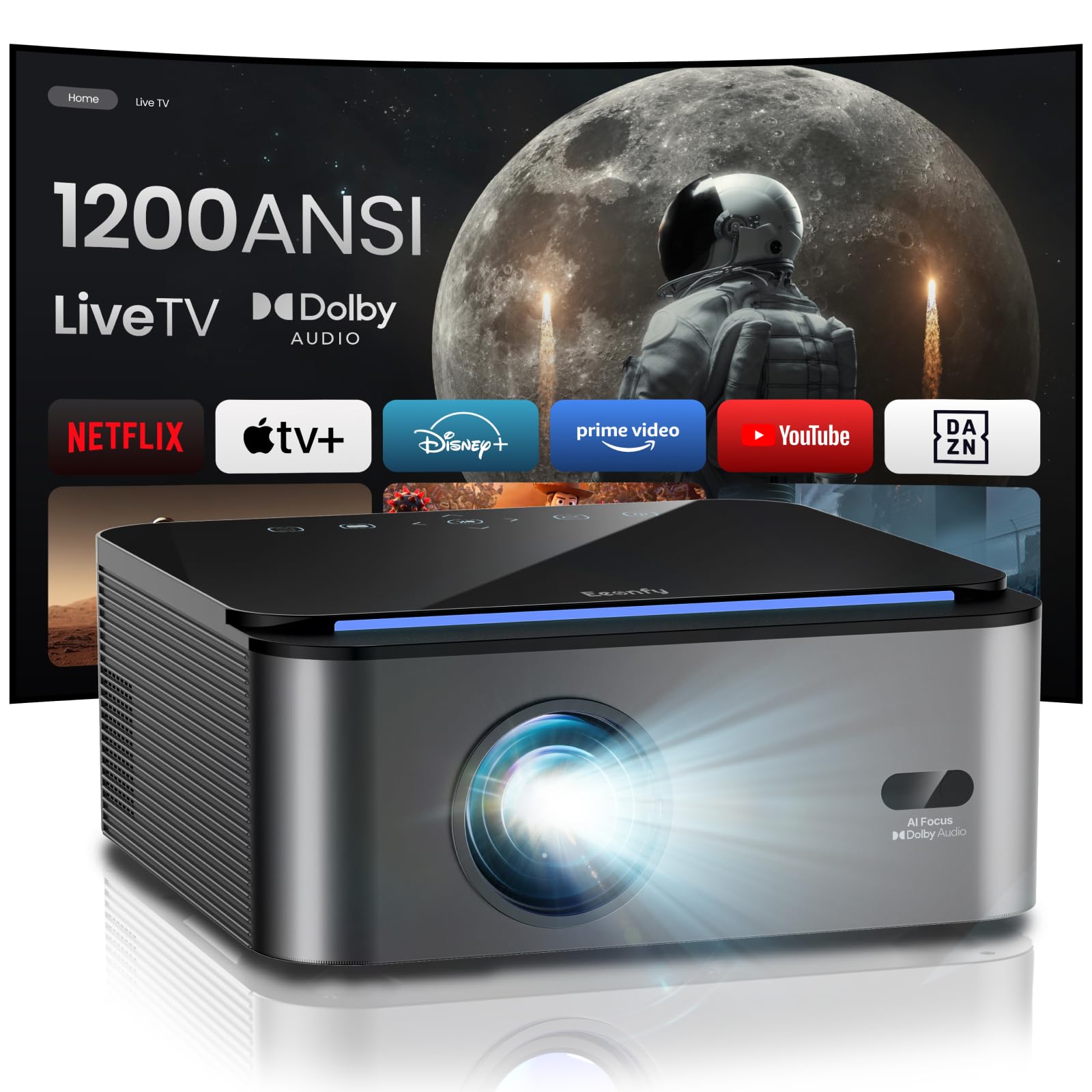 Video Projector【1200ANSI/Official Netflix】4K WiFi Bluetooth Dolby App Built-in Video Projector 1080P Auto Focus/Keystone Live TV 4K Supported Ares A2 Smart Overhead Projector for PC/PS5