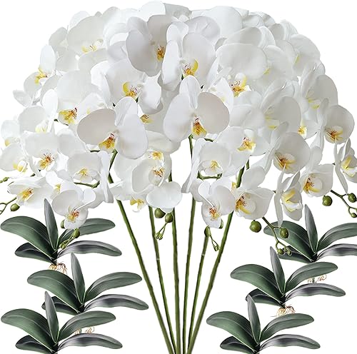 FagusHome 6 piezas de flores artificiales Phalaenopsis con 6 paquetes de hojas de orquídea artificial, plantas tallo para decoración del hogar