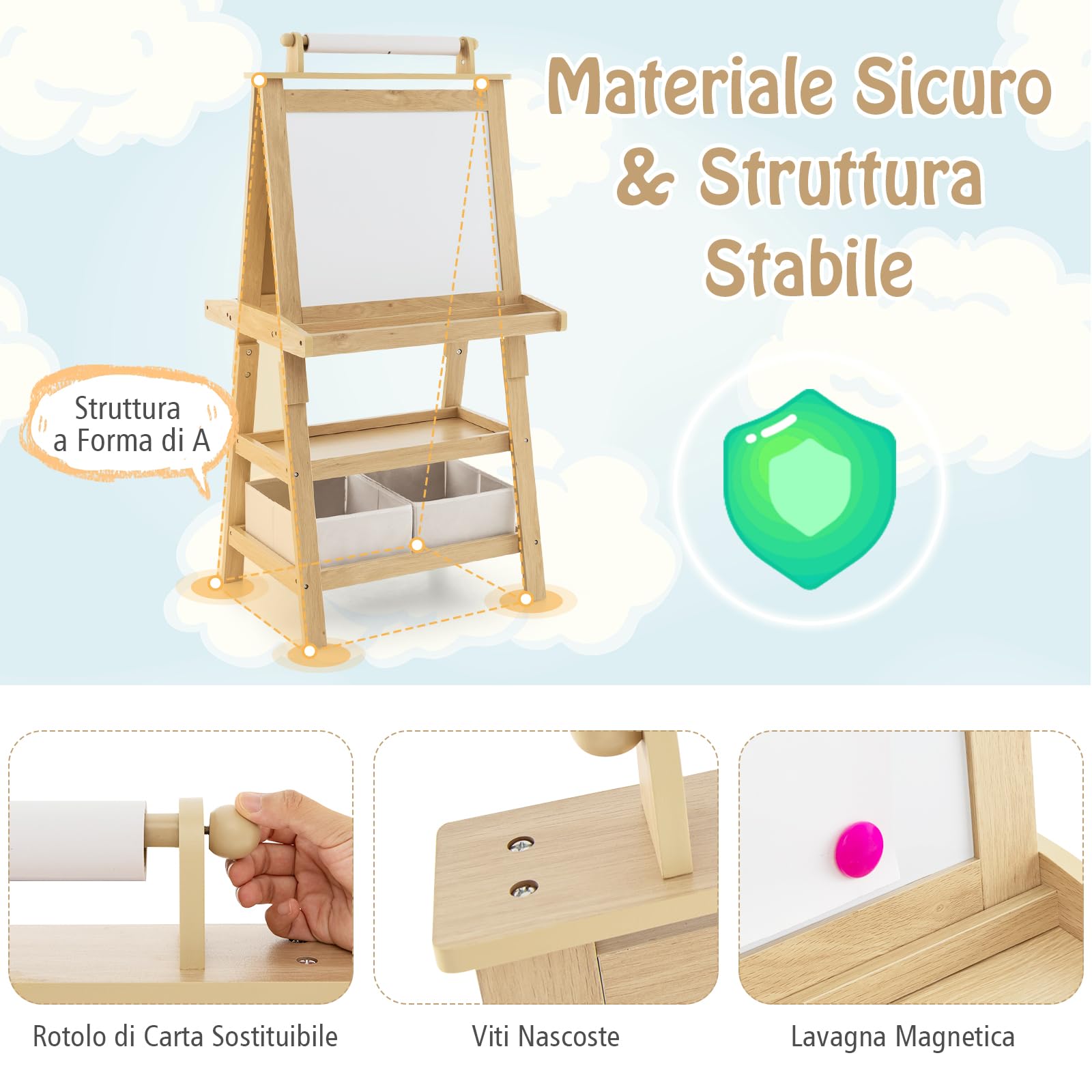 GYMAX Cavalletto per Bambini 3 in 1, Lavagna Magnetica con Doppia Faccia,2 Vassoi e 2 Scatole, Cavalletto per Dipingere, Inclusi Carta per Dipingere e Magneti, 59 x 50 x 117 cm (Naturale)