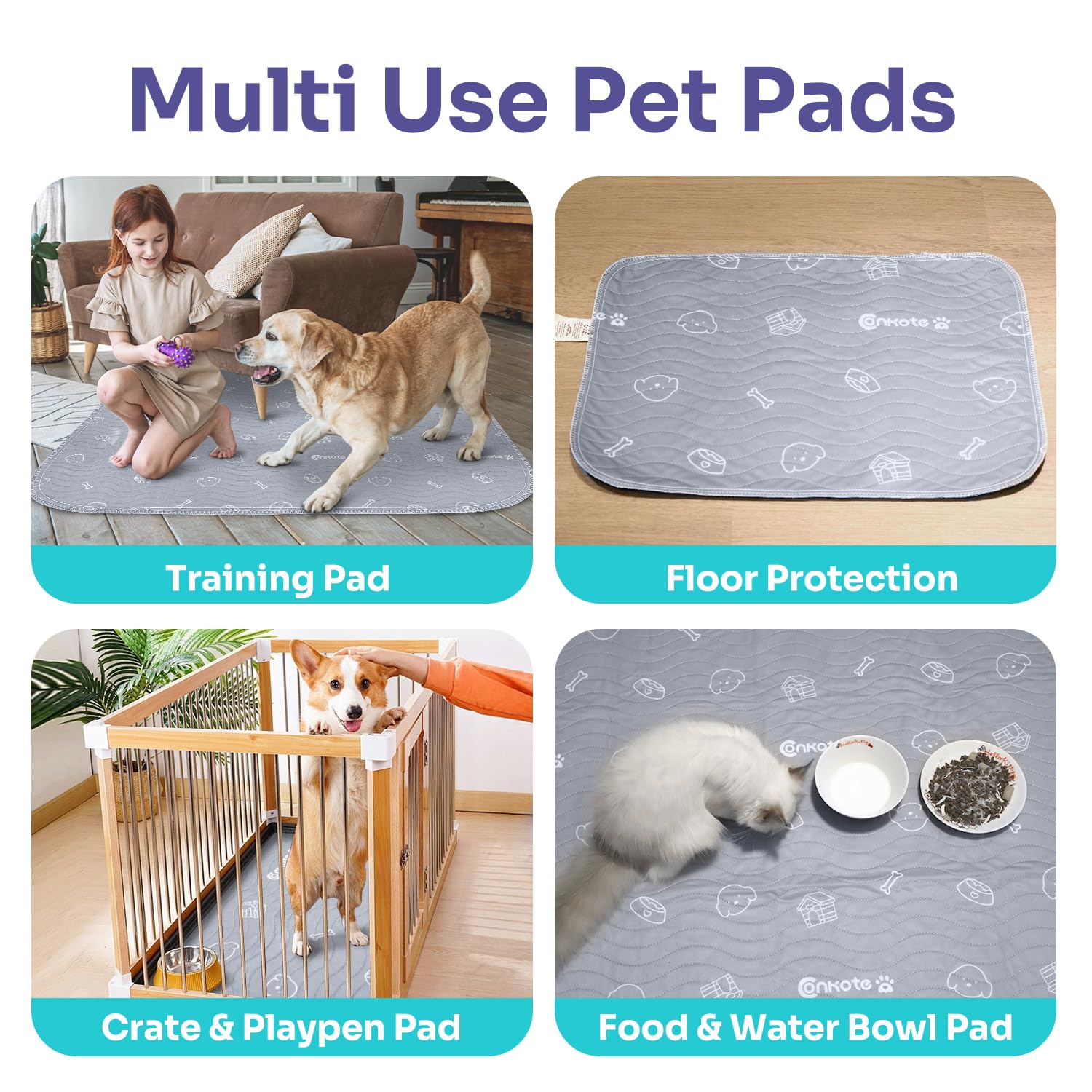 Conkote Almohadillas lavables y reutilizables para orina para perros, tapete antideslizante de 36 x 41 pulgadas para entrenamiento de cachorros, orinal, corralito, incontinencia (paquete de 2)