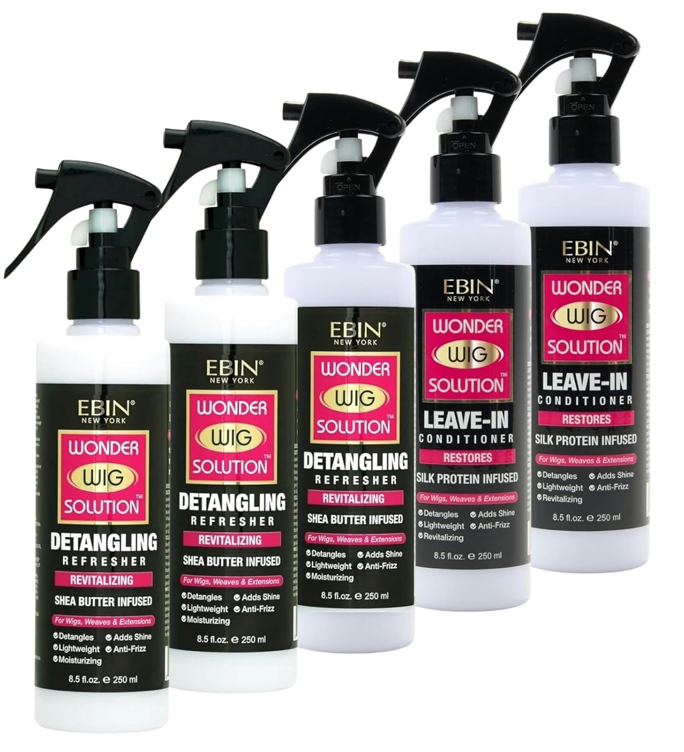 EBIN NEW YORK 2x Wonder Wig Solution Leave-In Conditioner Spray 8.5 oz Bundle with 3x Wonder WigSolution Detangling Refresher Spray 8.5 oz – Hydrating, Detangling, Wig Care – Gift Set (5 Items)