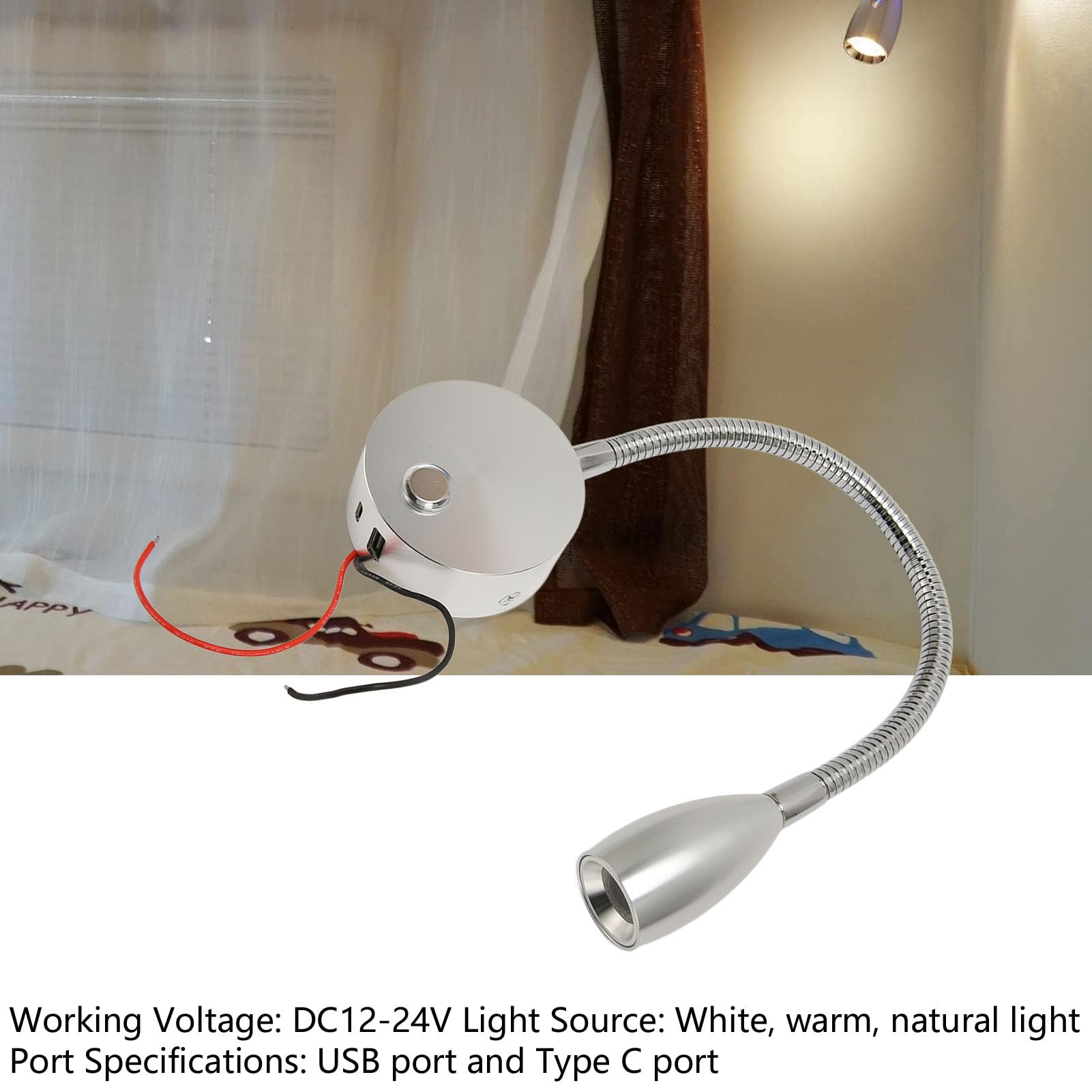 Lámpara De Lectura Para Autocaravana 12-24V - Atenuación Táctil, Luz Nocturna Azul, USB Tipo C, Aleación De Aluminio