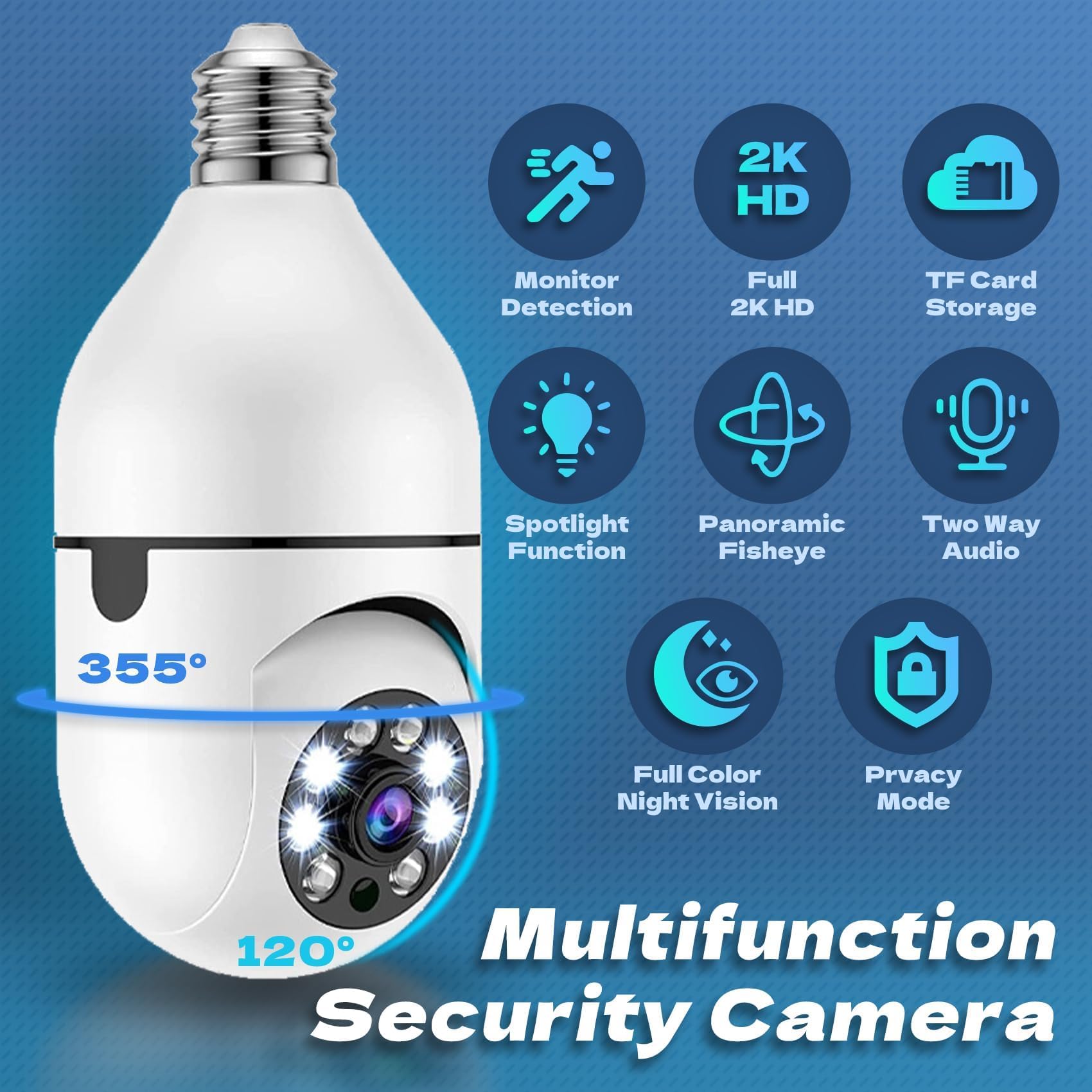 2K / 4MP Light Bulb Security Camera Outdoor Waterproof, 2.4GHz Wireless WiFi Light Socket Camera for Home Secuity with Motion Detection and Alarm, Color Night Vision (IK500) - Detailed View