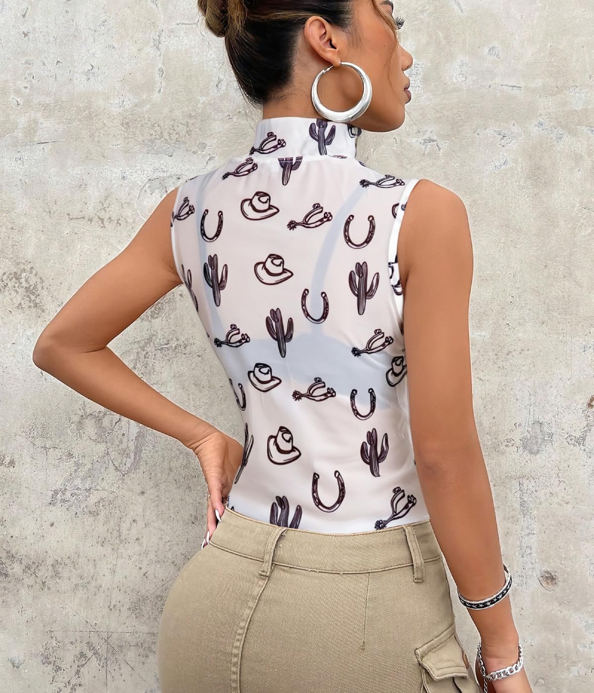 Western Mesh Tank Top Women Cowboy Rodeo See Through Mock Neck Sleeveless Tops Sexy Cowgirl Summer Going Out Outfit - Image 2