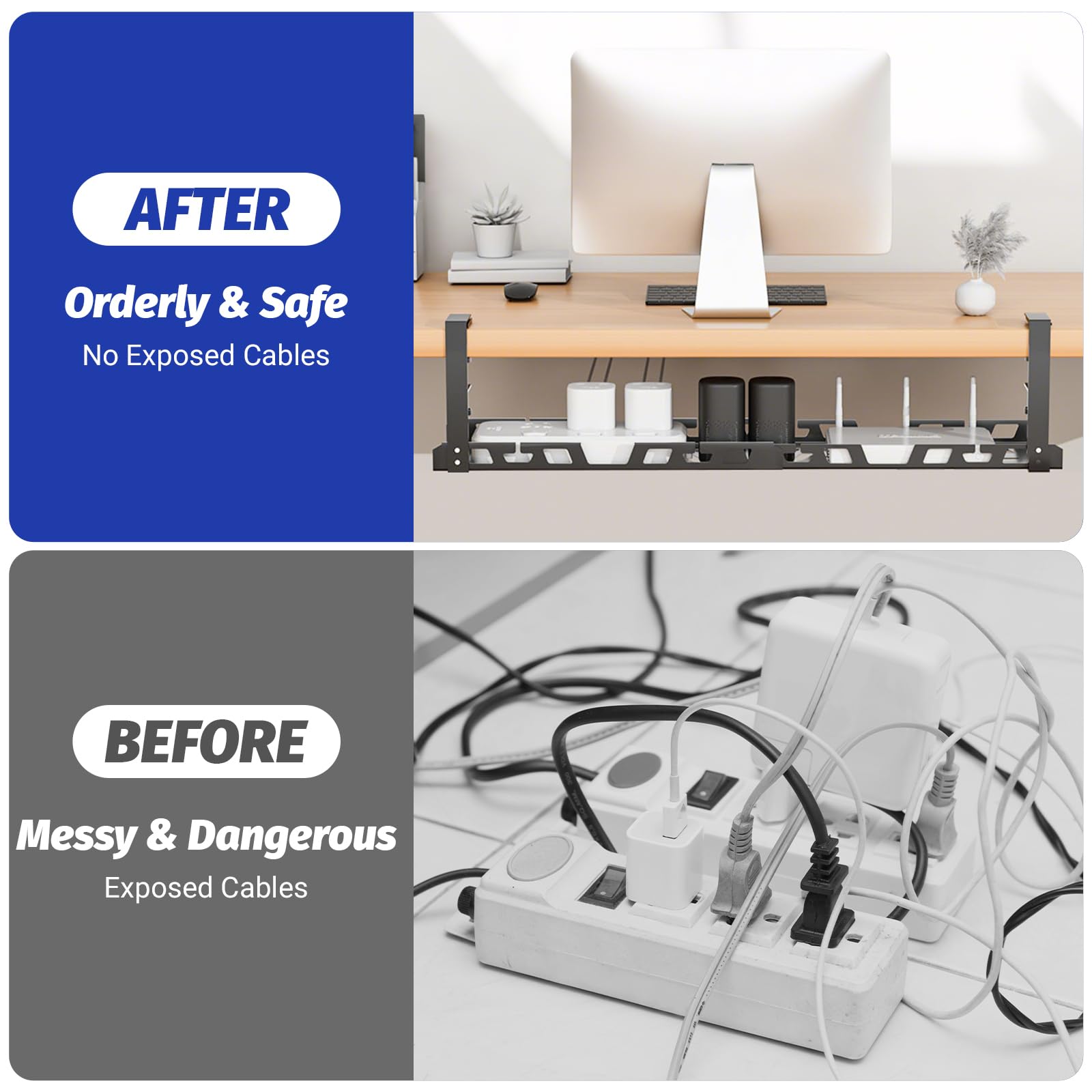 Kabelmanagement Schreibtisch, Ohne Bohren Kabelkanal Schreibtisch, Klemmbar Kabel Organizer Tray für Startseite Büro Küche PC-Tischen, Schwarz