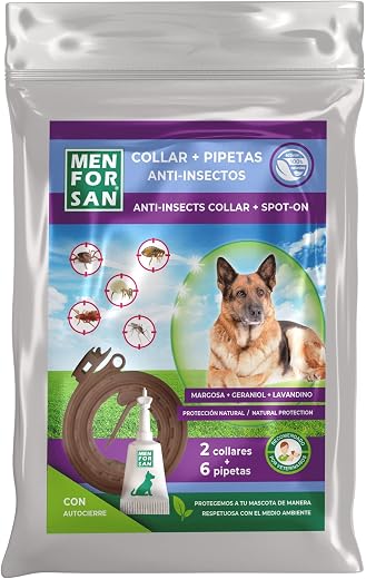 🚫 [CADUCADO] 🔥 MENFORSAN Pack of Anti-Insect Collars and Pipettes for Dogs, Includes 2 Collars and 6 Pipettes, in Self-Sealing Bag