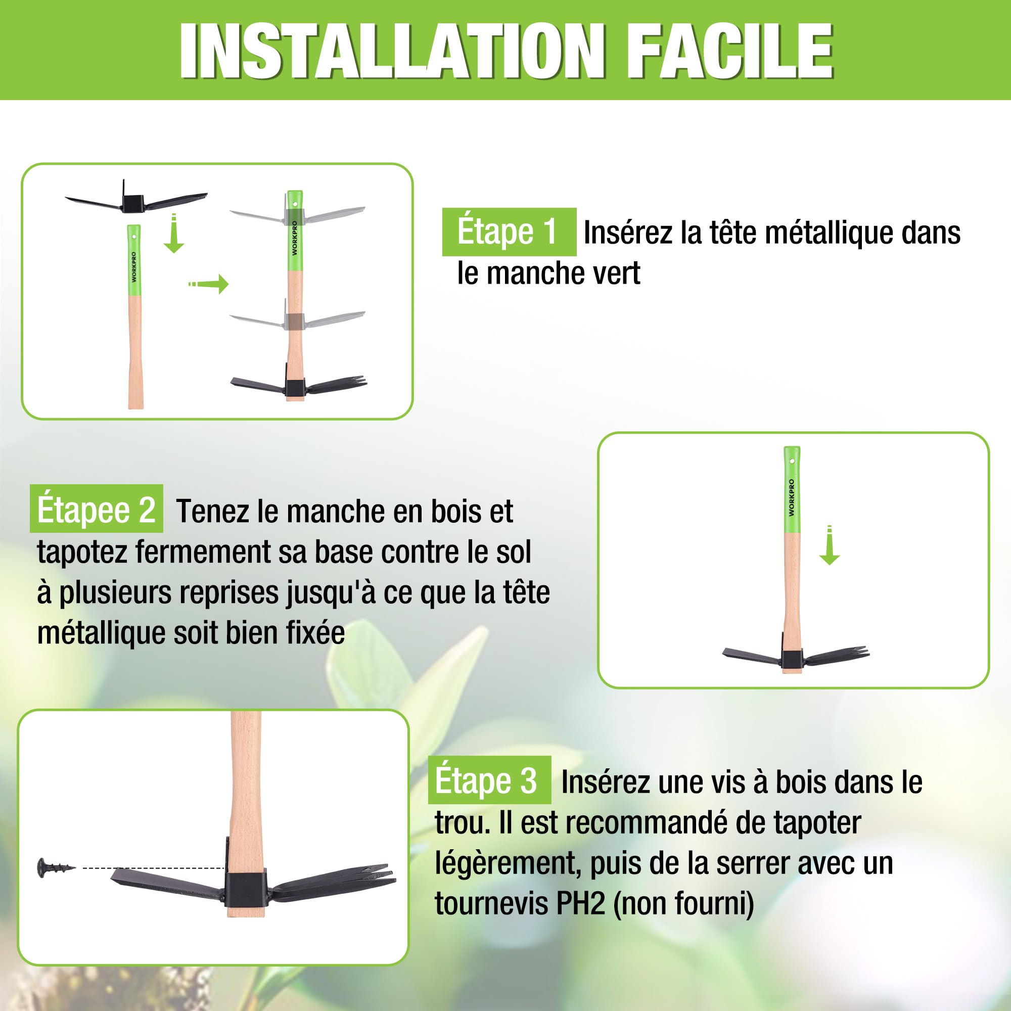 WORKPRO Serfouette Jardinage 36 cm, Houe de Jardin 2 en 1 avec Griffe de Jardin 3 Dents, Outil Jardinage Robuste avec Manche en Bois de Hêtre pour Désherber, Ameublir la Terre et Cultiver Le Sol