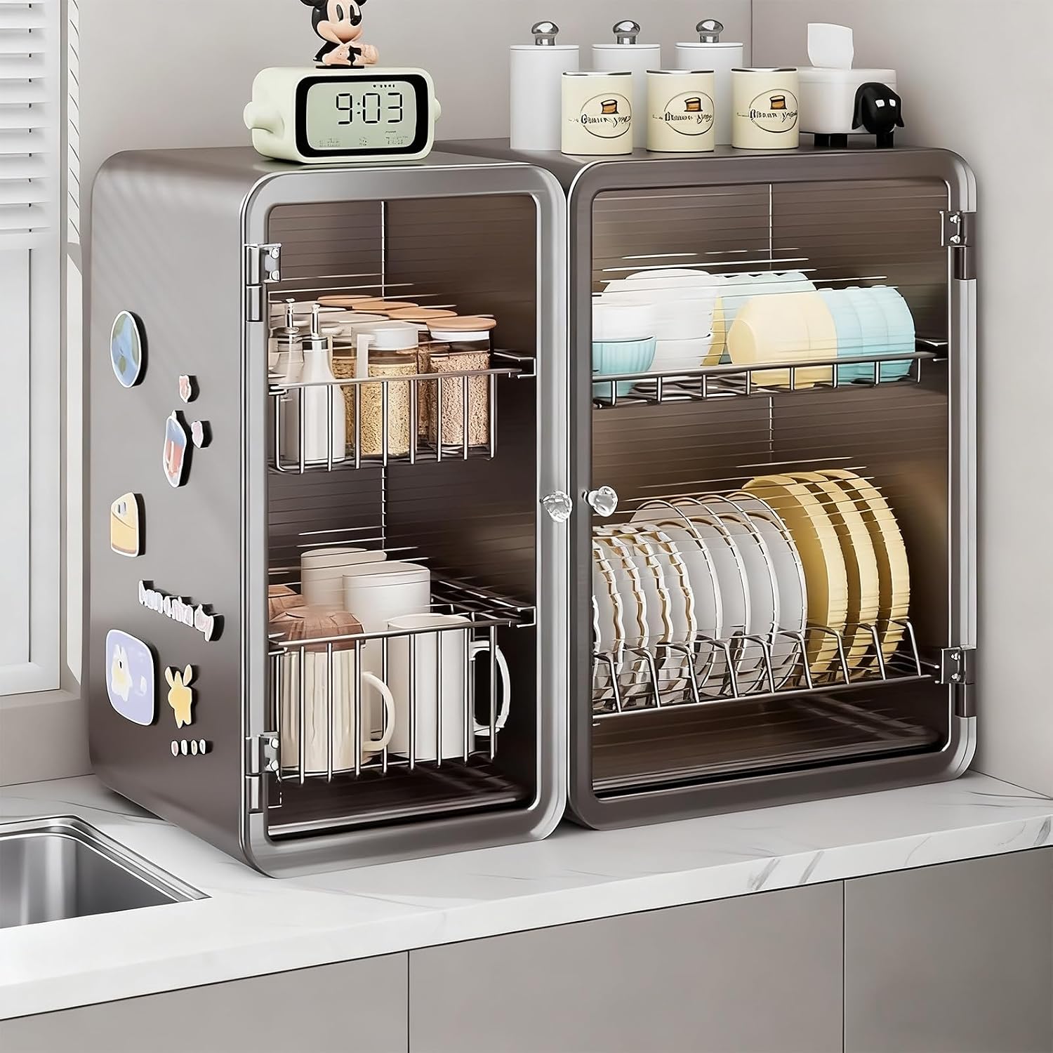 2 Tier Over The Sink Dish Racks with Flip-Cover Cabinet Doors Large Kitchen Counter Organization Rack Carbon Steel Space Saving(Black)