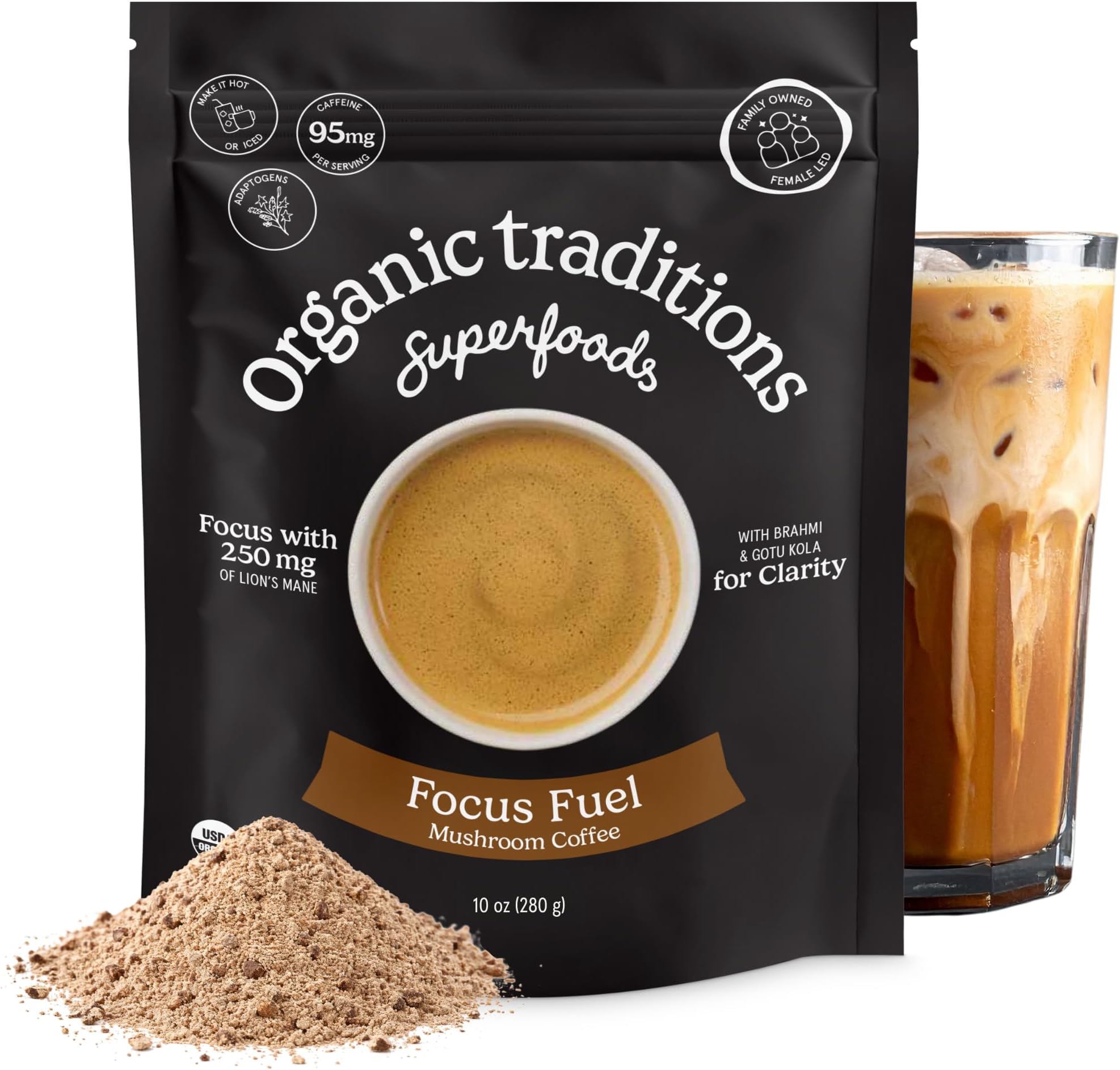 Organic Traditions Focus Fuel Instant Mushroom Coffee, Dairy Free, 10oz | Lion's Mane and MCT Oil Powder with Adaptogens and Coconut Milk, Smooth Dairy Free Blend, Vegan Formula for Daily Energy