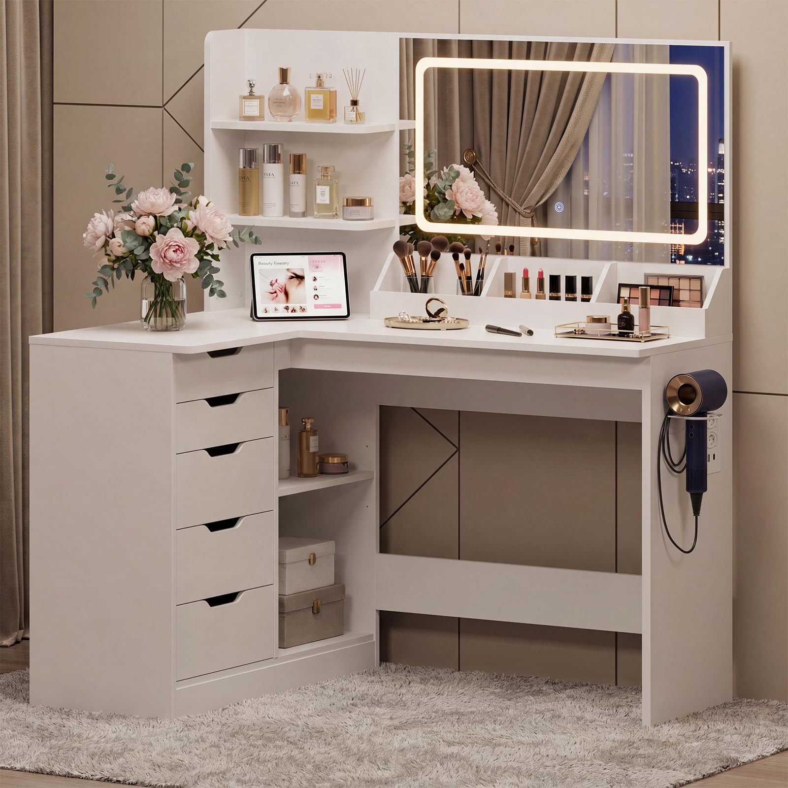 JUMMICO Toeletta per Trucco con Specchio LED e Presa USB, Scrivania a L con Sgabello, Postazione Trucco con 5 Cassetti e Ripiani, Salvaspazio per Camera da Letto Tavolo (Bianco opaco)