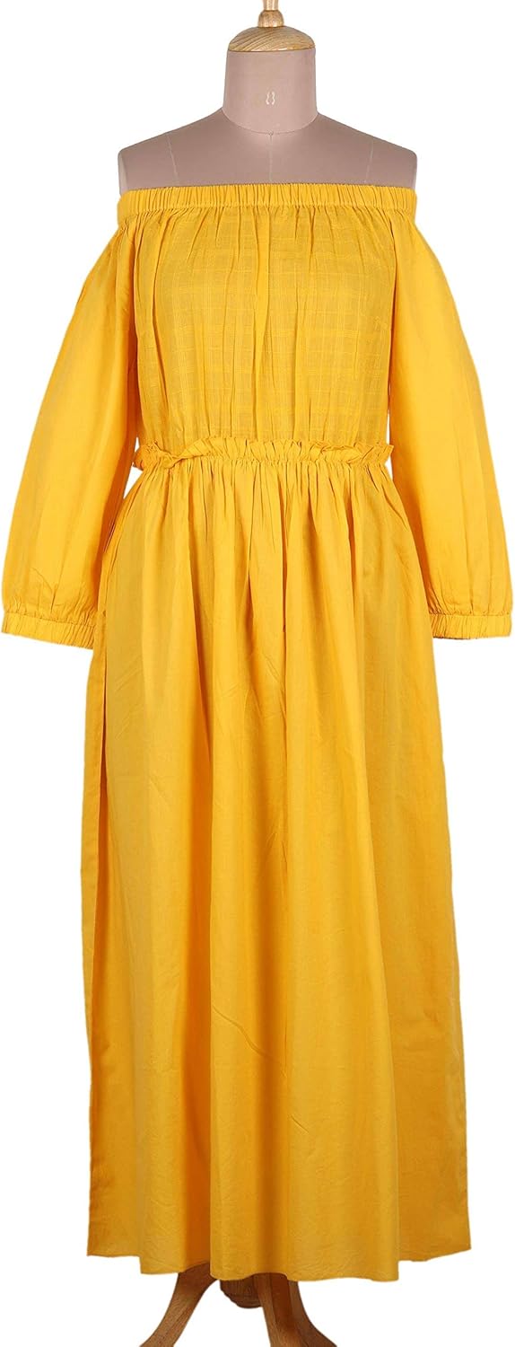 NOVICA Artisan Handmade Cotton Offshoulder Maxi Dress Marigold Yellow Clothing Line Solid India Bohemian 'Marigold Muse'