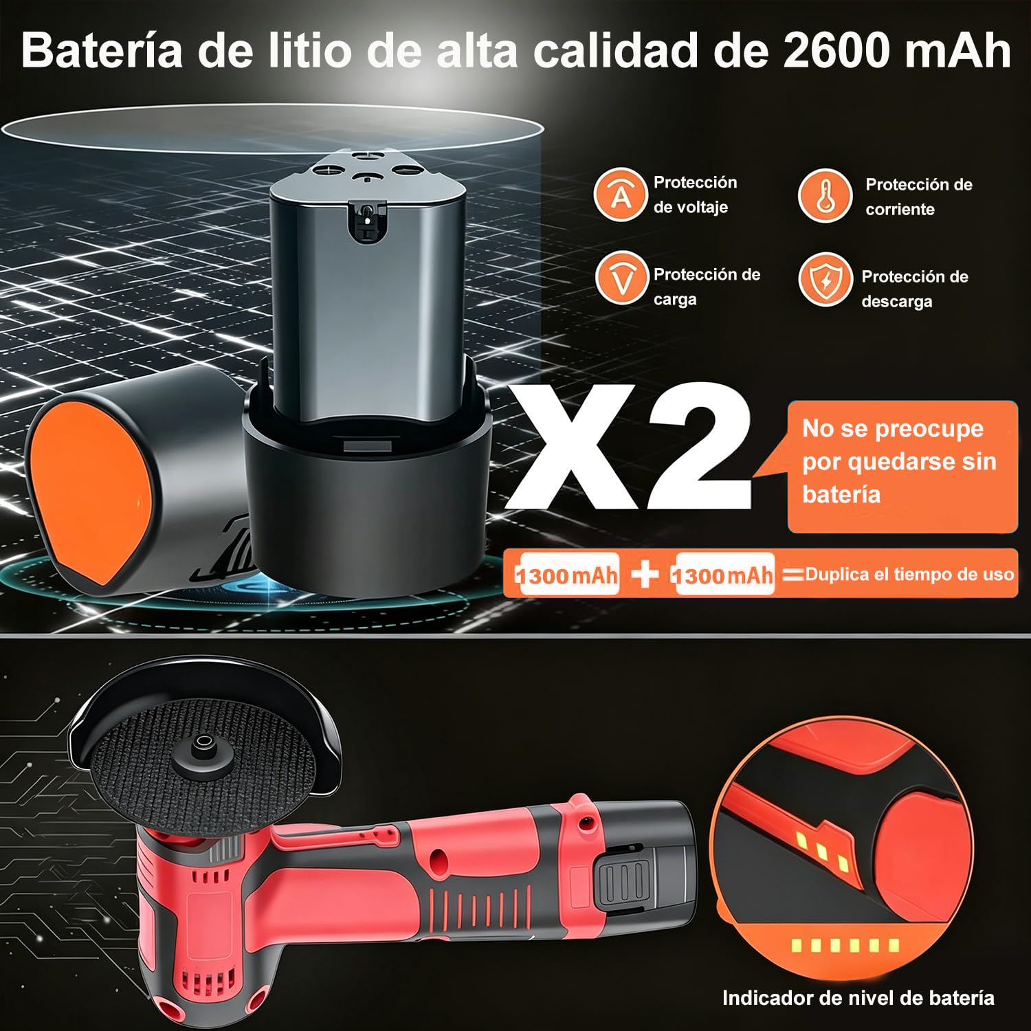 Mini Amoladora Angular, Multifunción Amoladora Pequeña a Doble Batería | Motor de Alta Potencia, 7 Accesorios, Corte Lijado Pulido, Caja, para Baldosas Madera Acero Piedra