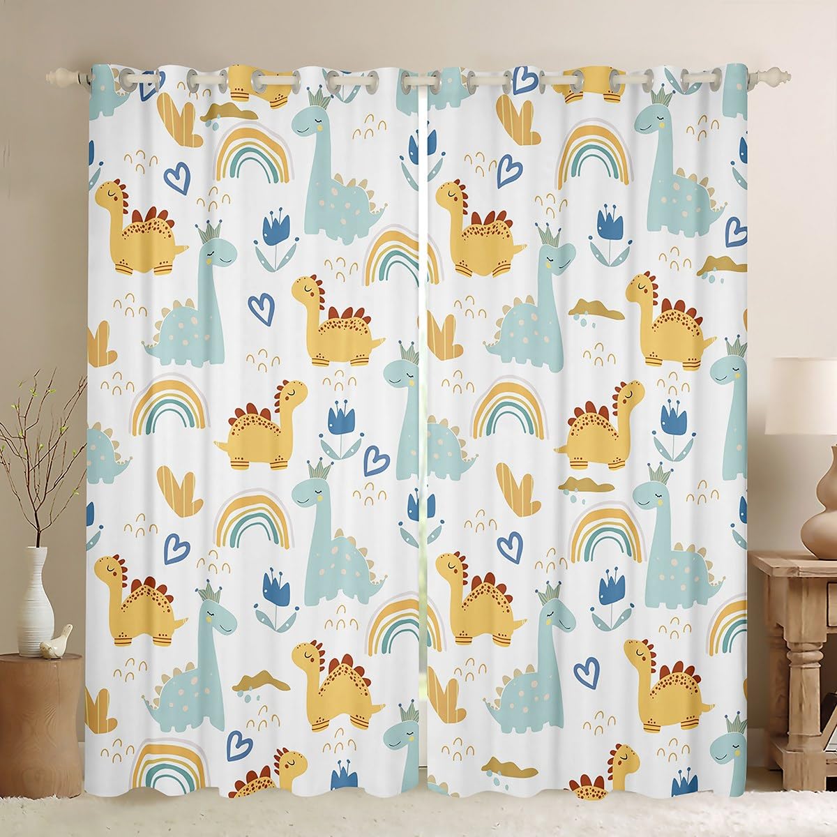 Homemissing Kawaii Jungle Dino Darkening Dreapes Dino Blackout Curtains Cute Rainbow Dinosaur Window Curtains Jungle Dino Window Treatments Wild Animal Curtains (2 Panels,W46*L54)
