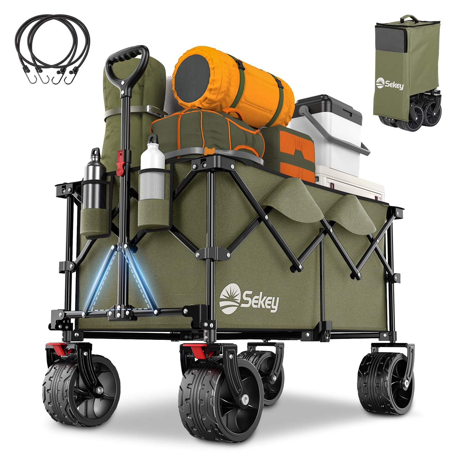 Sekey XXL Plus Carro Playa con Frenos 200L 150KG, Carrito Plegable con Ruedas Grandes Extra 17x10 cm Todo Terreno, Plegable Patentado en Cuatro Direcciones SE4011, Verde Oliva