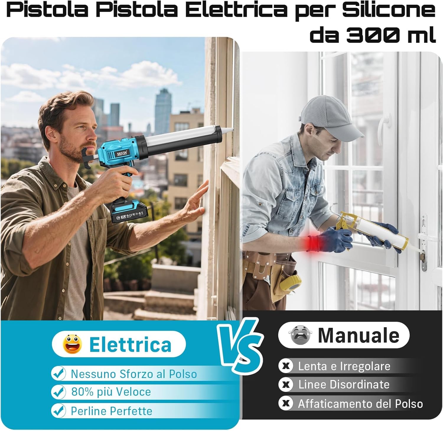 Pistola Silicone con Doppia Batteria 68V per Cartucce 300ML Pistola Sigillante Elettrica con 4 Velocità Regolabili e Luce LED integrata per Sigillature Professionali