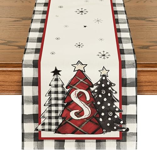 Artoid Mode Monogram Letter S Buffalo Plaid Christmas Trees Camino de mesa de Navidad, decoración de mesa de comedor de cocina de invierno de
