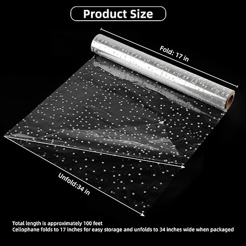 Miniatura 2 de Motroce Rollo de celofán transparente, 100 pies x 34 pulgadas, envoltura de papel de floristería de puntos blancos, rollo de celofán transparente de