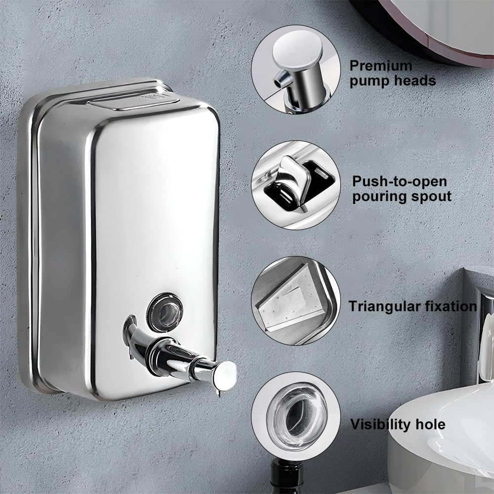 Dispenser Sapone Da Muro In Acciaio Inossidabile - 1000ml, Pulsante Ergonomico Per Uso Intensivo - Foto 7